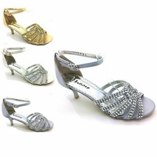 NEW WOMENS LADIES PARTY LOW HEEL PROM WEDDING DIAMANTE SIMULATED SANDALS SIZE
