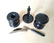 VINTAGE EBONY DRESSING TABLE POTS NAIL BUFFER JEWELLERY STAND 5 PIECES