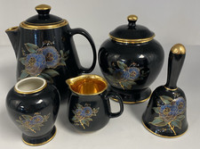 Job Lot Pinknash Pottery Black with Flower - Teapot, Jug, Bell, 2 Vases      B11