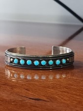 Vintage Navajo Turquoise Sterling Silver Row Cuff Bracelet Signed MJ