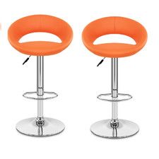 Auction Set Of 2 Padded Crescent Orange Faux Leather Chrome Bar Stools (GAV 21)1