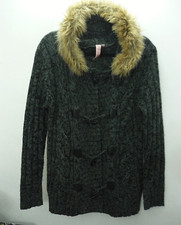 Ladies M F Couture Long Grey Chunky Knit Hooded Toggle Cardigan Faux Fur Trim 14