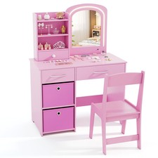 COSTWAY Kids Vanity Set Princess Makeup Desk and Chair w/Lighted Mirror-Pink