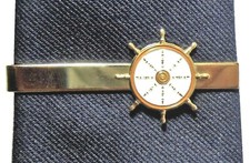 Gold Ships Captain Sailor Boat HELM WHEEL Navy Nautical Metal Enamel Tie Clip 
