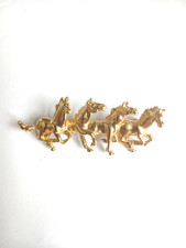 Vintage Brooch Pin 3d Effect 4 Galloping Horses Animals Gold Plated Metal Race