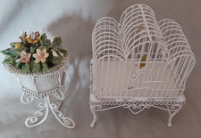 Dolls House White Wire Birdcage and Flower Pot Stand
