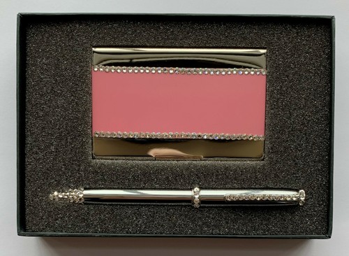 Pink metal card holder - metal, pen