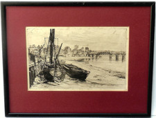 Charles John Watson (1846-1927) Drypoint ETCHING CHELSEA 1879 Barges Thames OLD