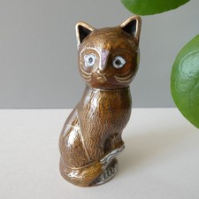 Vintage Cloisonne Enamel Cat Figurine Chinese Oriental Brown White Ears Tail