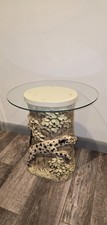 Whimsical Fox and Dalmatian Tree Trunk Accent Table Hand Painted Resin Glass Top