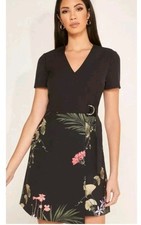 Ted Baker Mizalia Black Highland Floral Print Wrap Skater Dress Size 3 UK 12