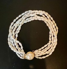 Vintage 6-Strand White Rice Pearl Bracelet 8" Gold Tone Clasp Nice Luster
