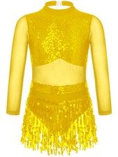 Girls Sparkle Sequin Tassels Leotard Dress Mesh Splice Latin Tango Dance Costume