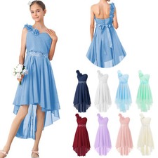 UK Kids High Low Flower Girls Dress One Shoulder Sparkly Bridesmaid Wedding Gown