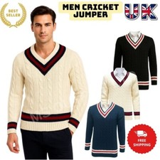 New Mens V-Neck Cricket Jumper Long Sleeve Cable Knitted Jersey Sweater Vest Top