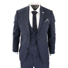 Mens 3 Piece Tweed Suit Blue