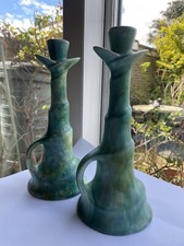 Beswick Ware Green Candlesticks - Code 203 - Mottled Green Funky Candle Sticks