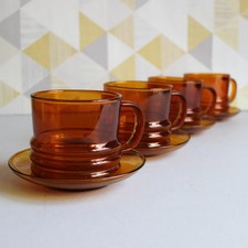 set of 4 vintage 60s 70s amber glass retro large tea/coffee cups & saucers