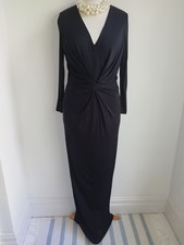 ISSA LONDON Dress Black Long Evening Designer Gown Slinky V Neck Size UK 14