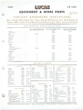 VINCENT SERIES D BLACK SHADOW/PRINCE/KNIGHT RAPIDE ORIG. 1955 LUCAS PARTS LIST