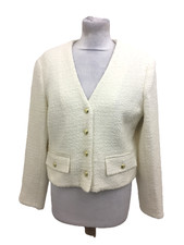 M&S Women's Jacket Ivory Boucle Gold Buttons Collarless Flap Pockets New F1
