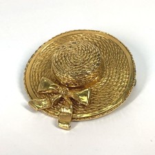 CHANEL Vintage Straw Hat, Hat Accessory, Brooch, Metal, Women's, Gold