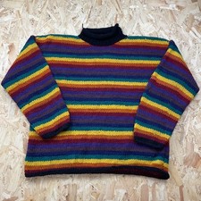 Vintage Rainbow Hand Knit Wool Jumper Made in Ecuador Chunky Pullover XXL