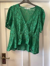 New Zara Green Lace Short Sleeve Sparkly Button Blouse Top,Med