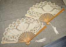 Pair of 2 Hand Fans Wood & Lace Hand Embroidered Pattern Fan & tassels 37cm open