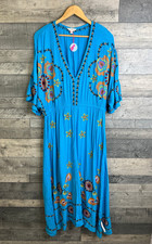 Monsoon Lexi Midi Dress Size Large Blue Embroidered Floral Boho Summer Holiday