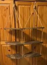 2 Sets of Retro Rope Hanging Wood Heart Floating Corner Shelfs 