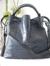 ZARA!! 100% LEATHER LARGE DARK TEAL BLUE CROC PRINT TOP HANDLE TOTE & LONG STRAP