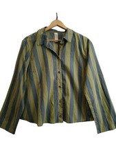 Ischiko Shirt Size 2 Green Polyamide Women's Collared Stripe Casual Preloved