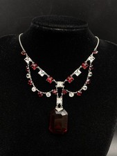 Vintage 30s Deco Faceted Red And Clear Open Back Glass Pendant Necklace Festoon 