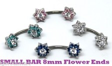 Belly Bars Double Flower Ends Curve Bar CZ Sterling Silver Women Reverse 14g Bar