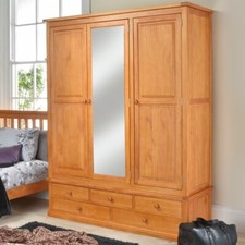 Triple Wardrobe with Mirror & 5 Drawers Solid Wood Furniture - Cheshire Pine