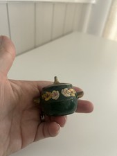 Miniature Barge Canal Ware Folk Art Pot, Hand Pained Green Floral