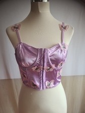 Front Hook Fastening Lilac Satin Corset Top Size Large UK 12 Butterfly Appliqué