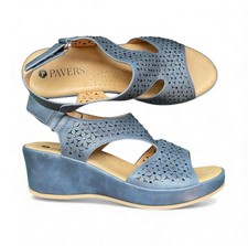 Pavers Navy Flower Diamanté Print 2inch Heel Soft sole Pad Strap Sandals SZ 4