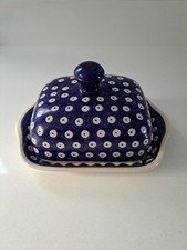 Bolesławiec Poland Blue Eyed Peacock Butter Dish Polka Dot