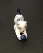 Vintage Miniature Porcelain Delft Style Blue & White Cat Kitten Figurine