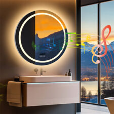 Round Bluetooth LED Bathroom Mirror with Clock Demister 3 Color Lights Dimmable