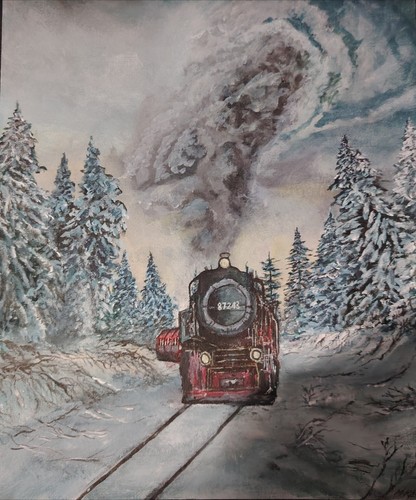 Original winter train painting - winter,