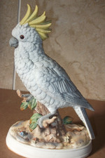 BISQUE PORCELAIN 20CM YELLOW + WHITE COCKATOO PARROT PERCHED ON BRANCH WITH BASE