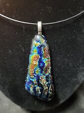 Colorful Dichroic Glass Necklace Pendant Oblong Rainbow of Colors & Black