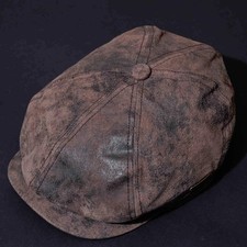STETSON Hat Flat Cap Leather Mens Brown MEDIUM Newsboy Hatteras Celebrity M