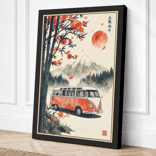 Camper van beneath crimson sun - camper,