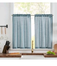 TOPICK Blend Linen Bluei Curtains W26 L36" Drop Small Cafe Kitchen Rod Poket 2pc