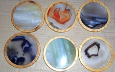 Vintage 6 Multi Coloured Gemstone Agate/ Wood Drink Coasters