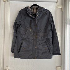 Topshop Navy Blue Waxed Parka Jacket Check Lining Hooded Size 10 Dusky Blue  